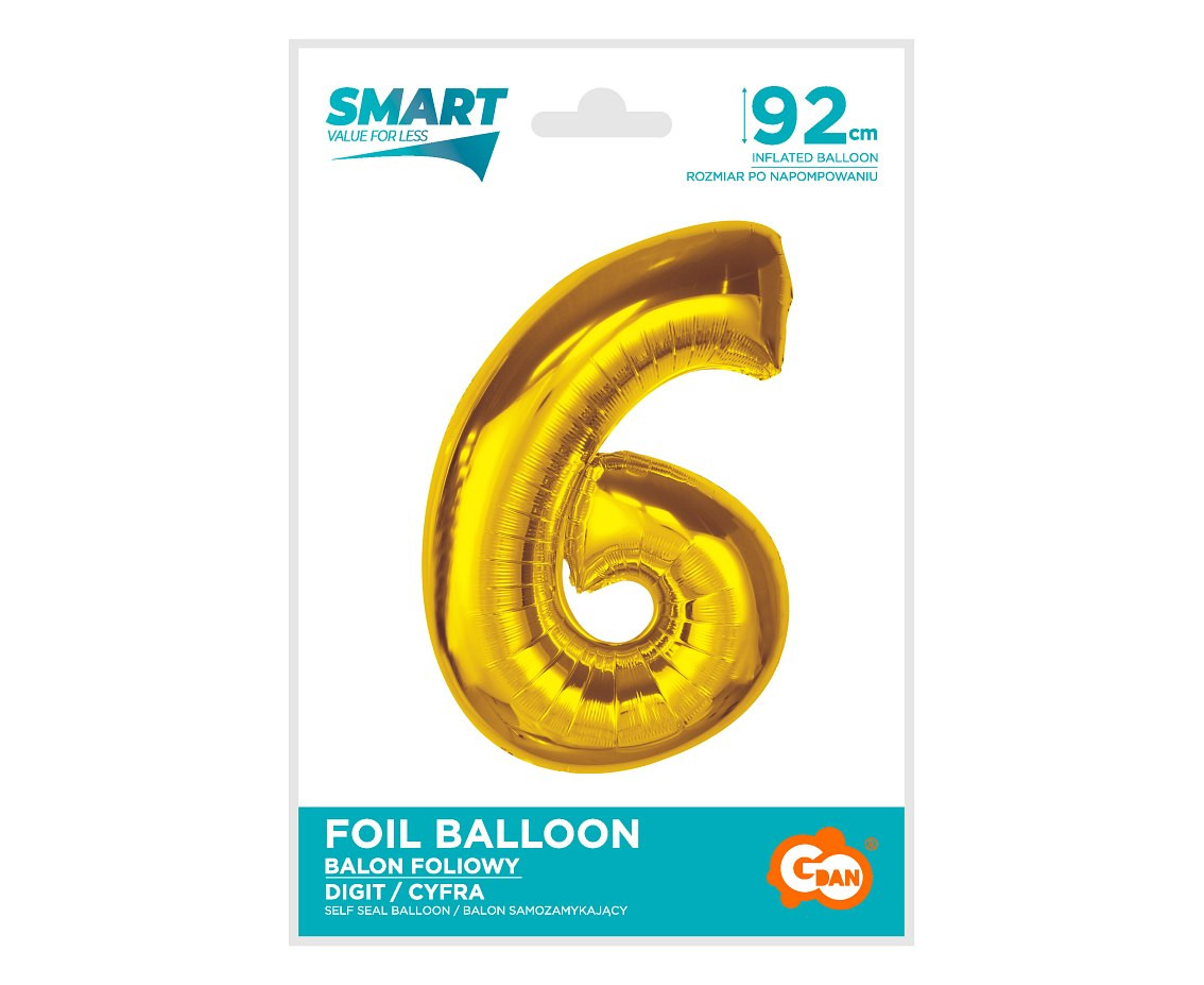 Foil balloon Smart, number 6, gold, 92 cm EOL