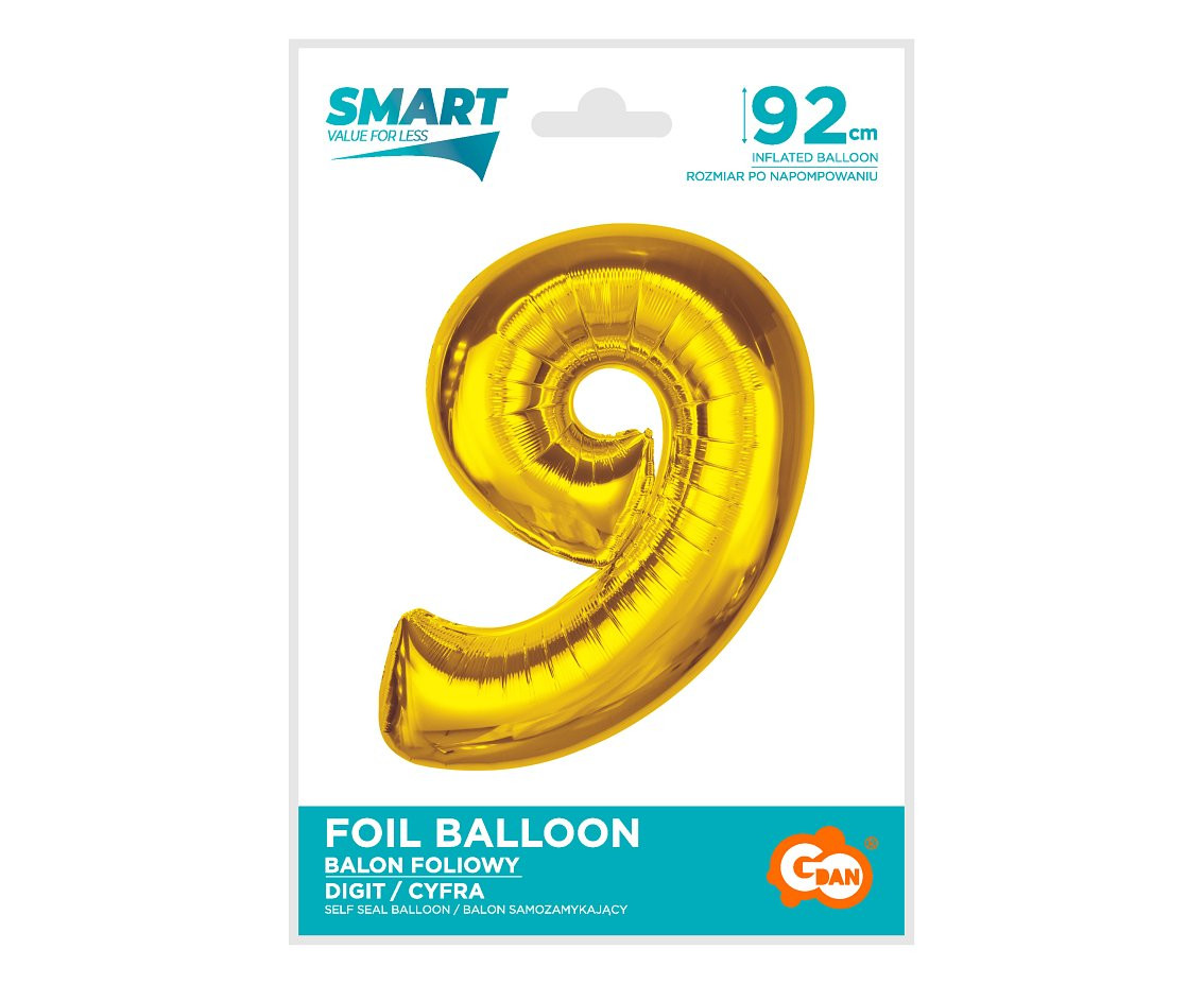 Foil balloon Smart, number 9, gold, 92 cm EOL