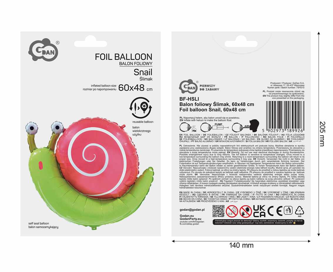 Foil balloon Snail, 60x48 cm