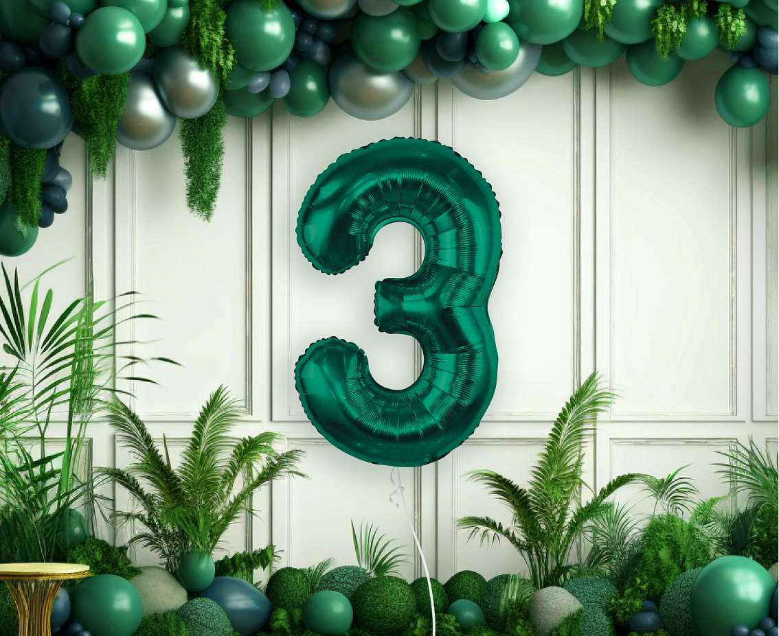 Foil balloon B&C, number 3, bottle green, 85 cm
