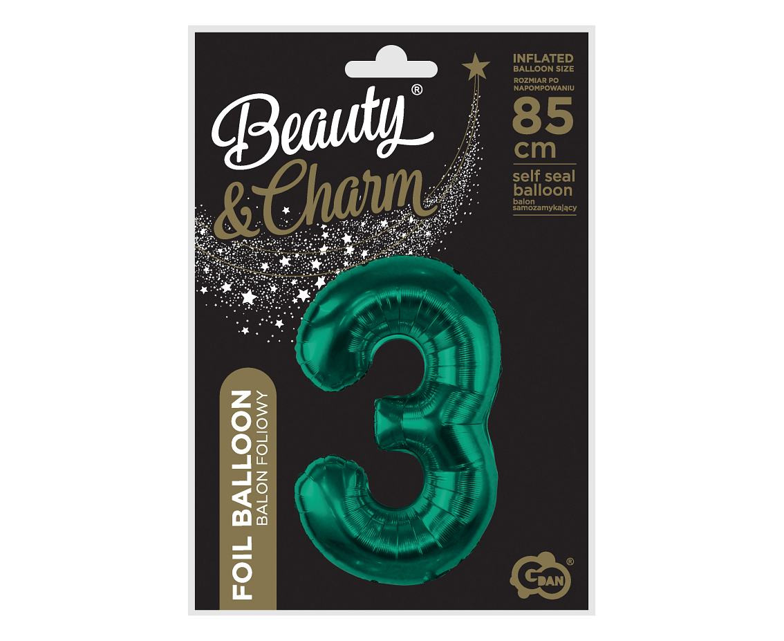 Foil balloon B&C, number 3, bottle green, 85 cm