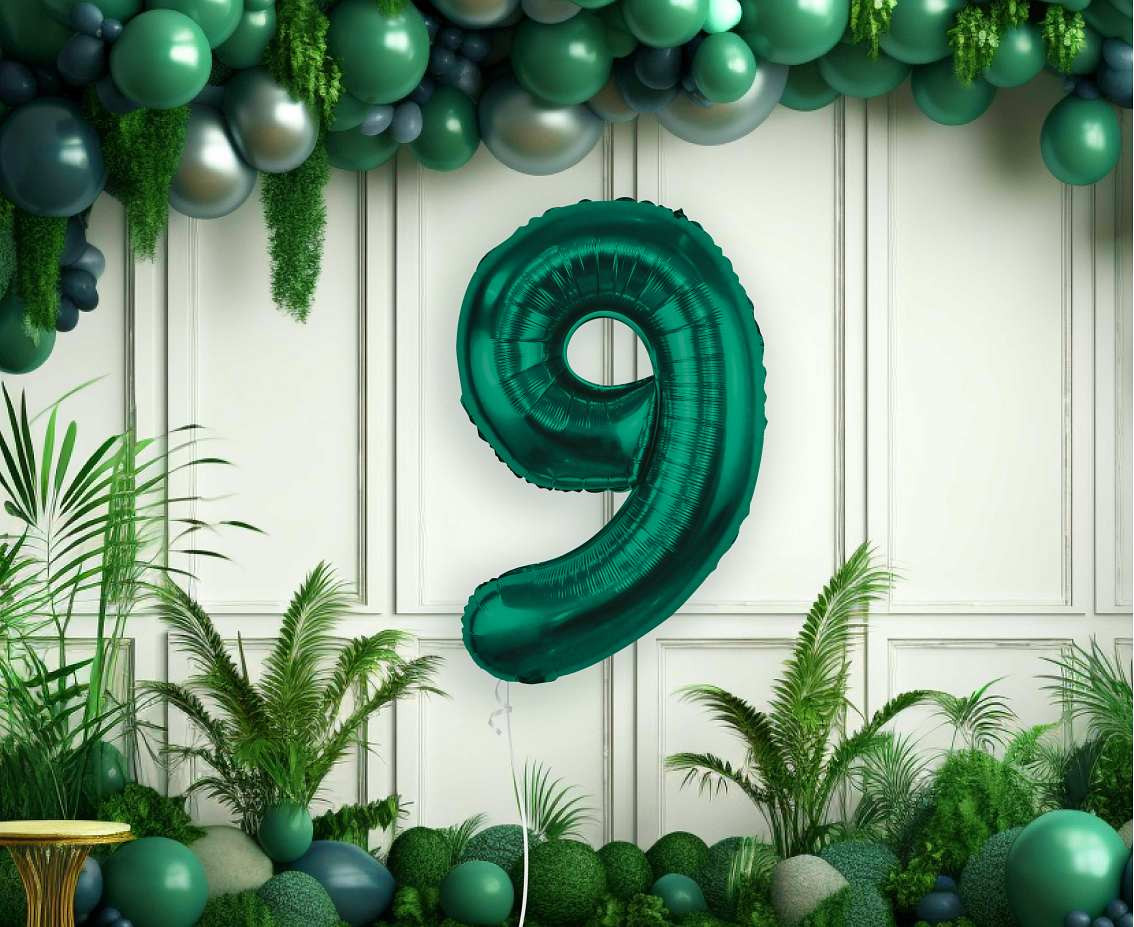 Foil balloon B&C, number 9, bottle green, 85 cm