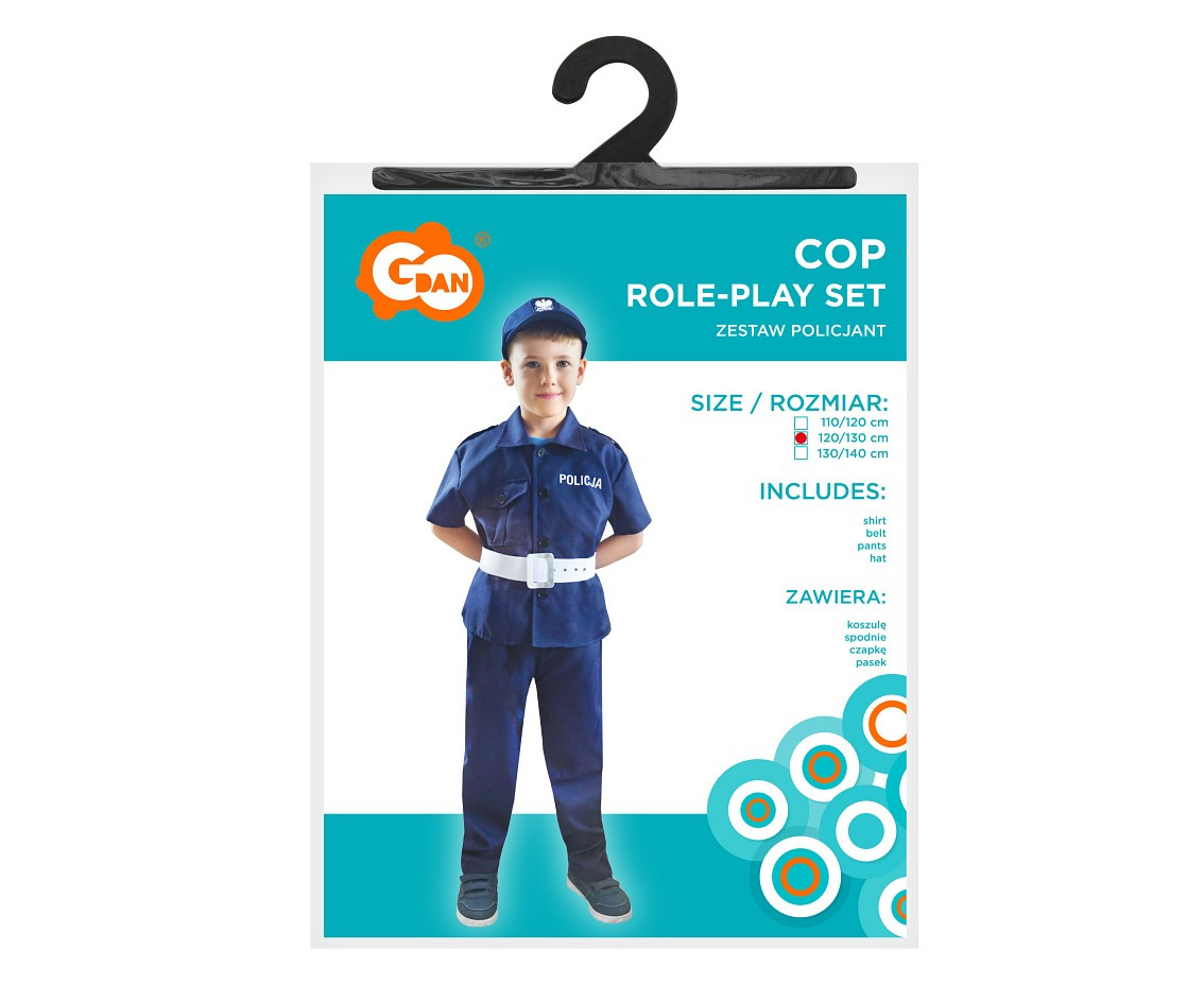 Cop role-play set for kids (shirt, belt, pants, hat), size 120/130 cm