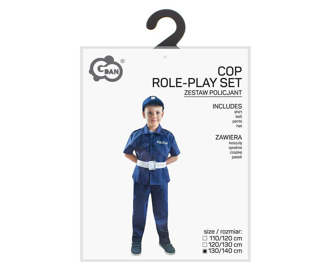 Cop role-play set for kids (shirt, belt, pants, hat), size 130/140 cm