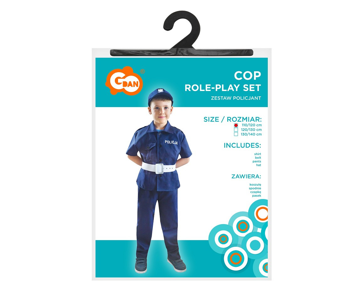 Cop role-play set for kids (shirt, belt, pants, hat), size 110/120 cm