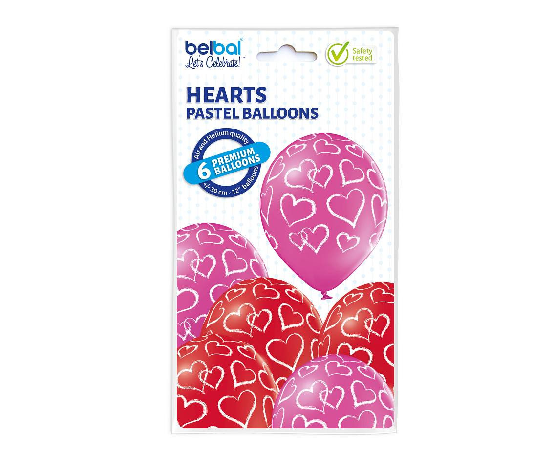 Balloons Belbal 12", D11, hearts red and pink, 6 pcs