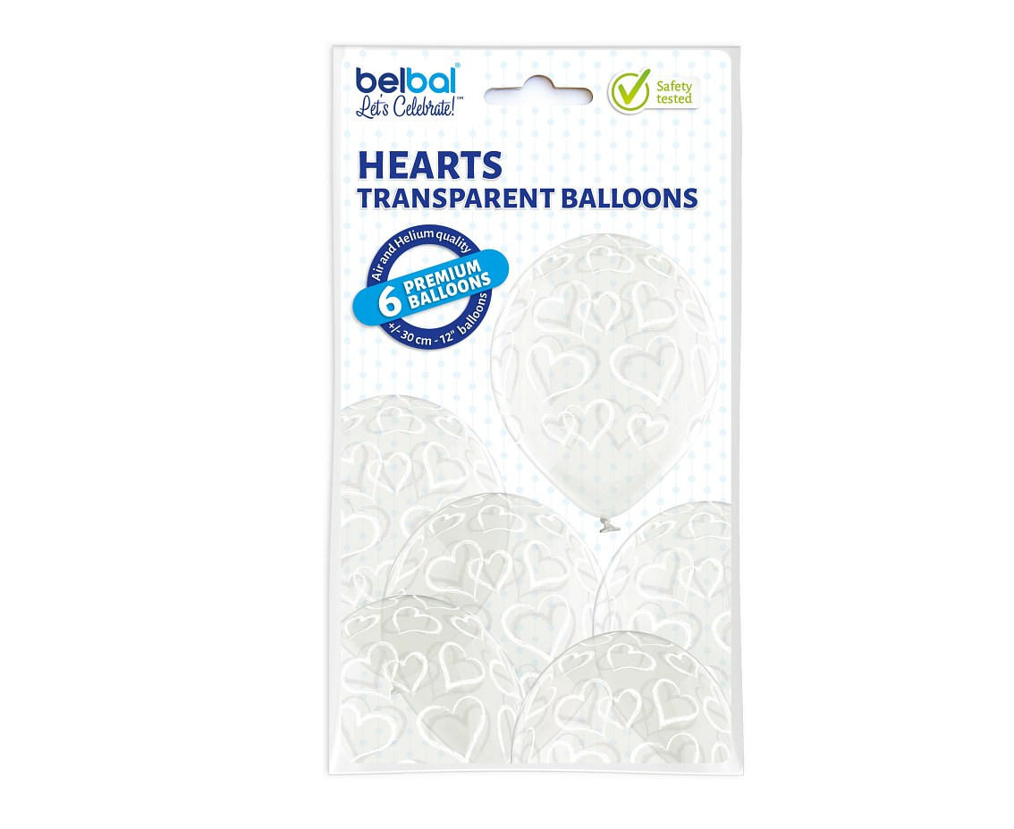 Balloons Belbal 12", D11, hearts crystal, 6 pcs