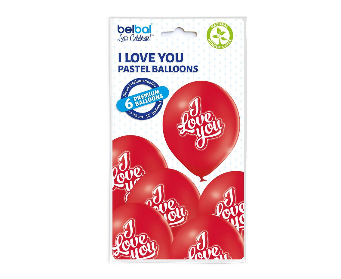 Balloons Belbal 12", D11, "I love you" 101-red, 6pcs