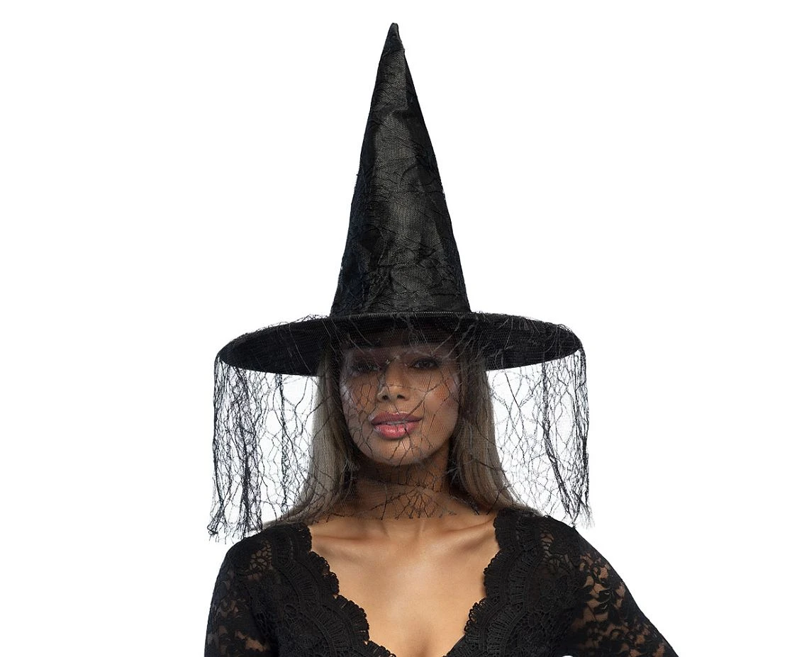 Witch hat with veil, black