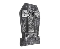 tombstone with a cross and a skull
