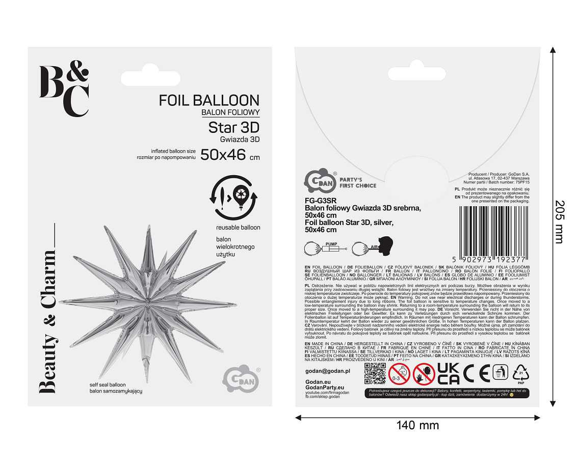Foil balloon Star 3D silver , 50 x 46 cm