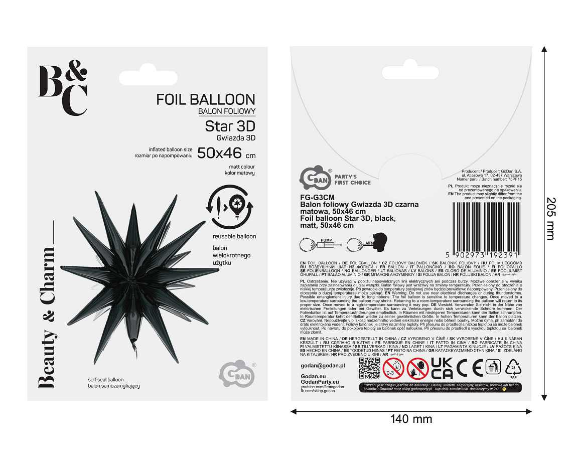 Foil balloon Star 3D black mat, 50 x 46 cm
