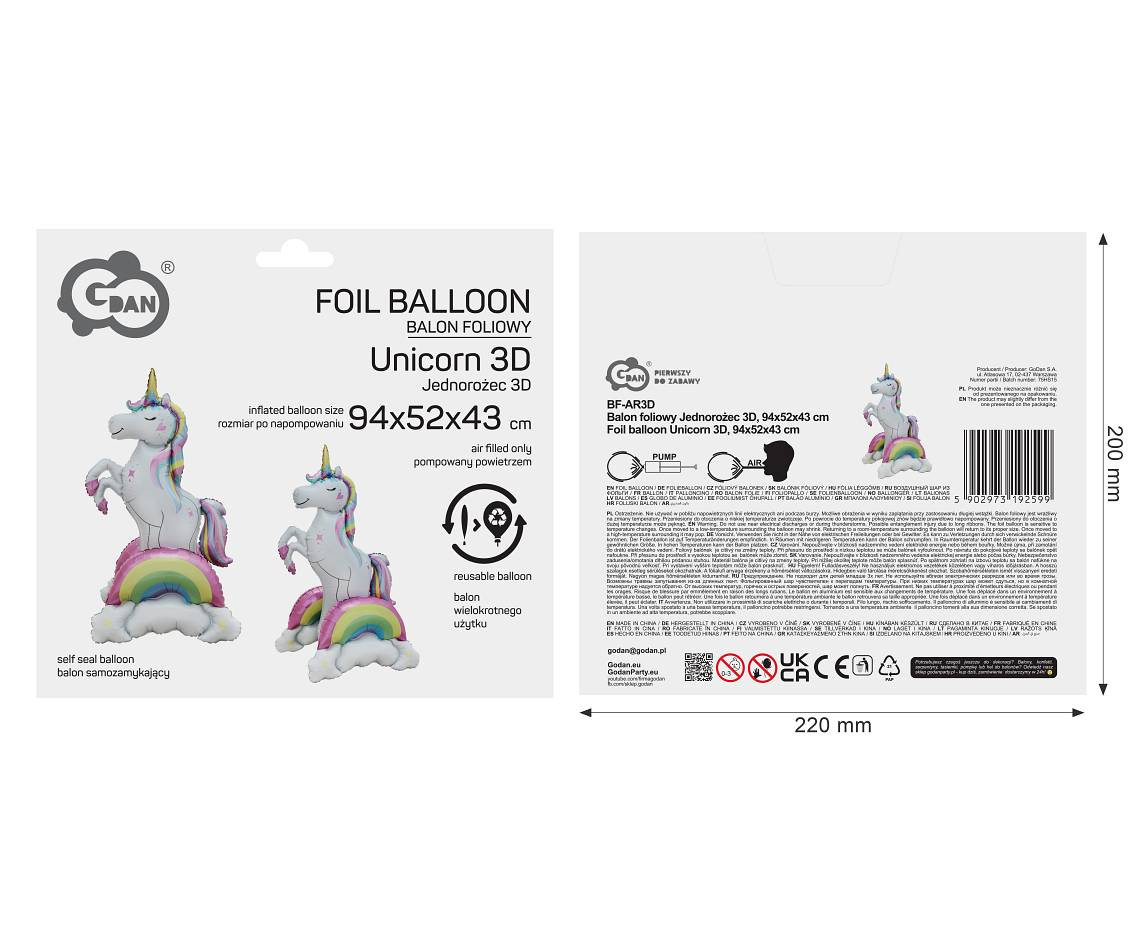 Foil balloon Unicorn 3D, 94 x 52 x43 cm, 1 pc