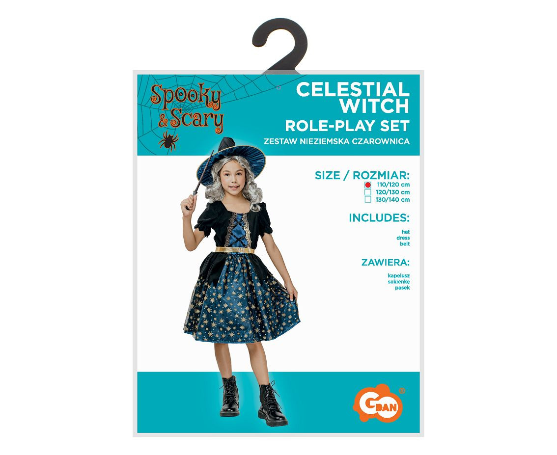 Celestial Witch role-play set for kids (hat, dress, belt), size 110/120 cm EOL
