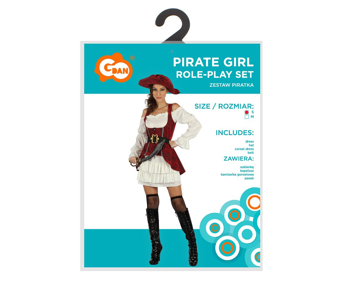 Role play-set for adult Pirate Girl (dress, hat, corset dress, belt), size S