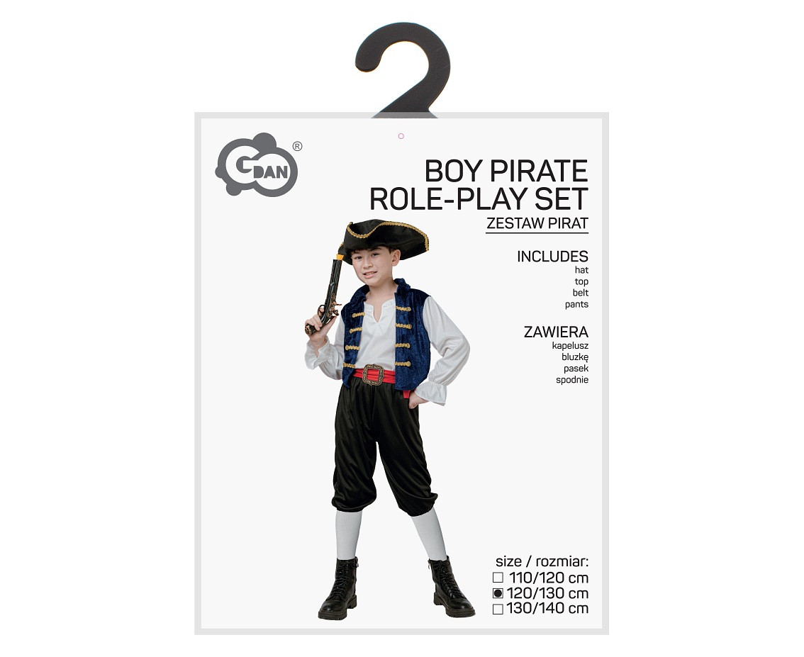 Boy Pirate role-play set for kids (hat, top, belt, pants), size 120/130 cm