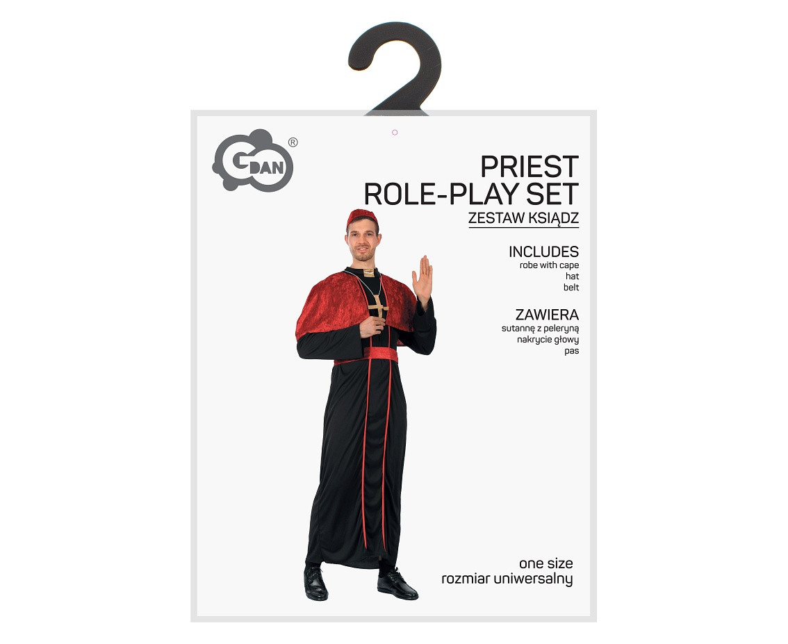 Priest role-play set for adult (robe with cape, hat, belt), one size