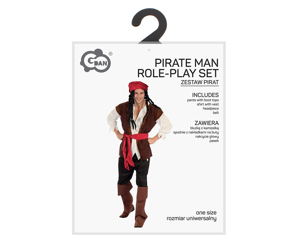 Pirate Man role-play set for adult (shirt with vest, pants with boot tops,belt, headpiece), one size