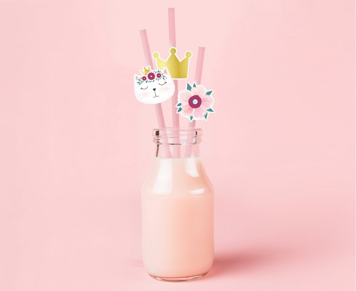 Paper straws pink Cat, 6x197mm/ 6pcs EOL