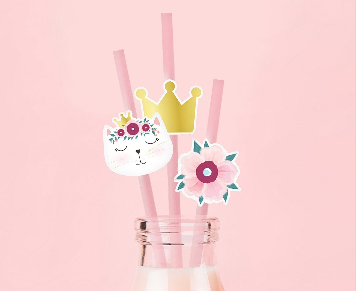 Paper straws pink Cat, 6x197mm/ 6pcs EOL