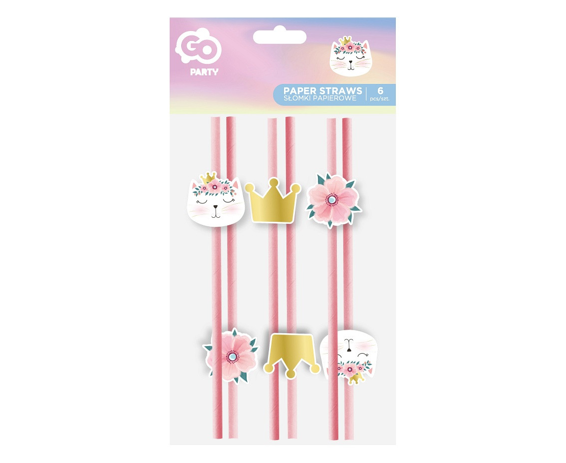 Paper straws pink Cat, 6x197mm/ 6pcs EOL