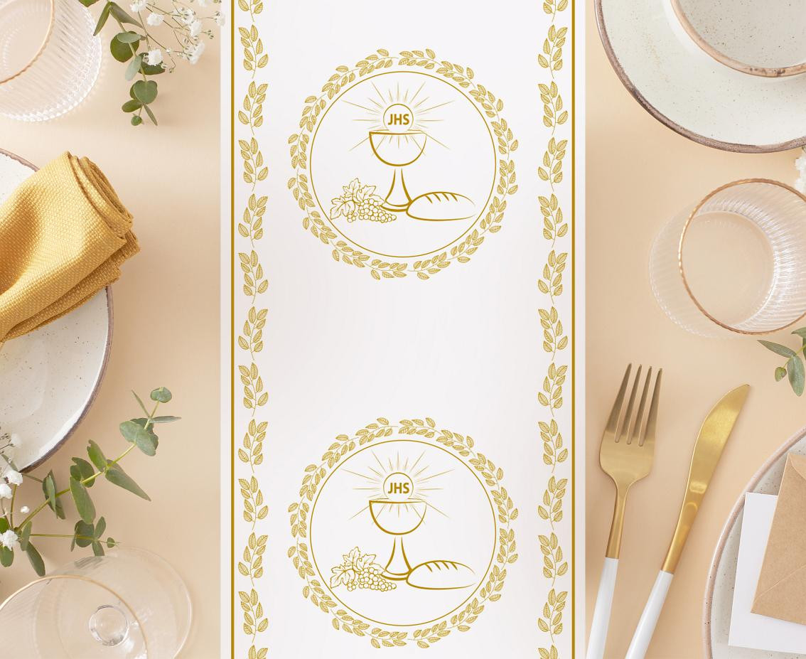 Table runner Holy Communion, white-gold, 33x200 cm