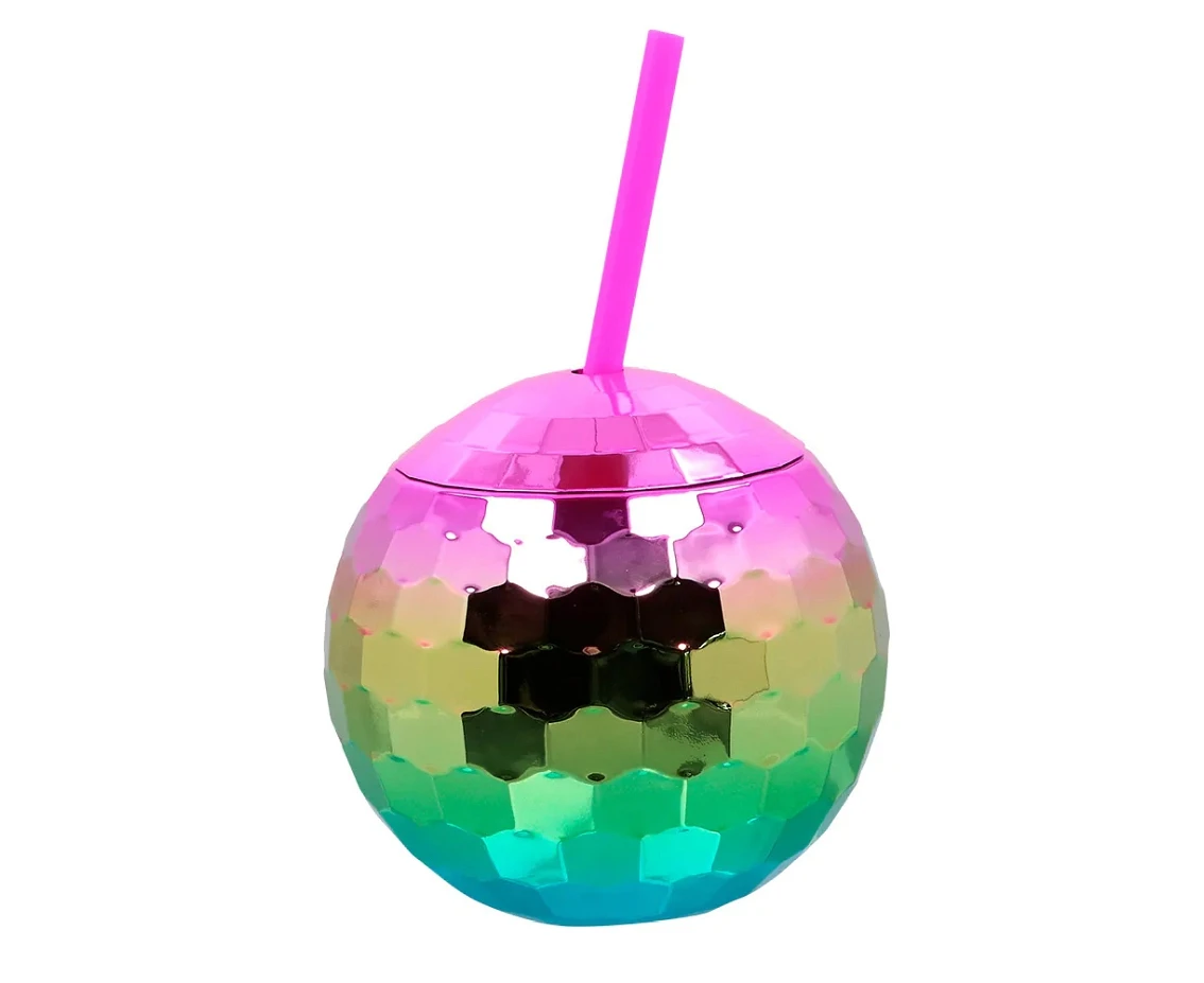 Disco ball cup with straw rainbow 600 ml