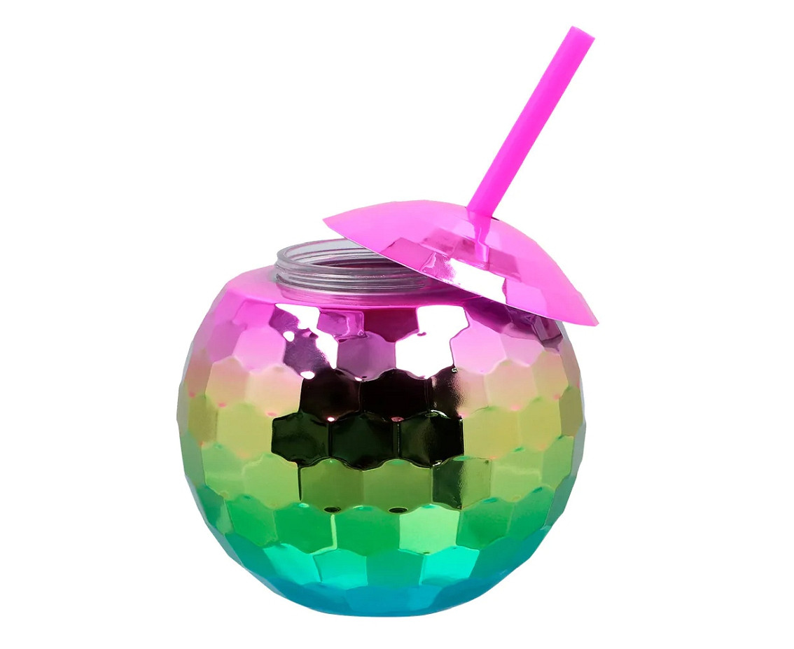Disco ball cup with straw rainbow 600 ml
