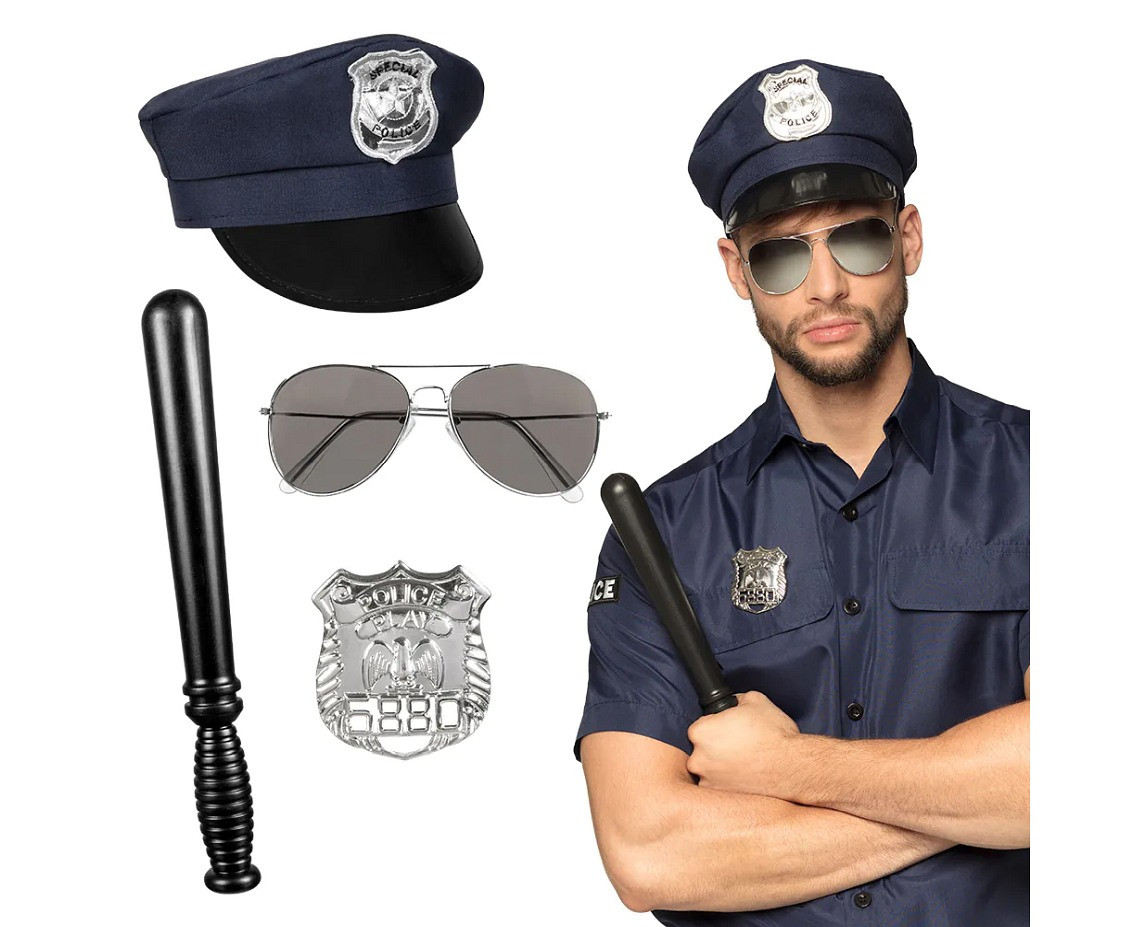 Police role-play set for adult ( cap, party, glasses, badge and baton 33 cm)