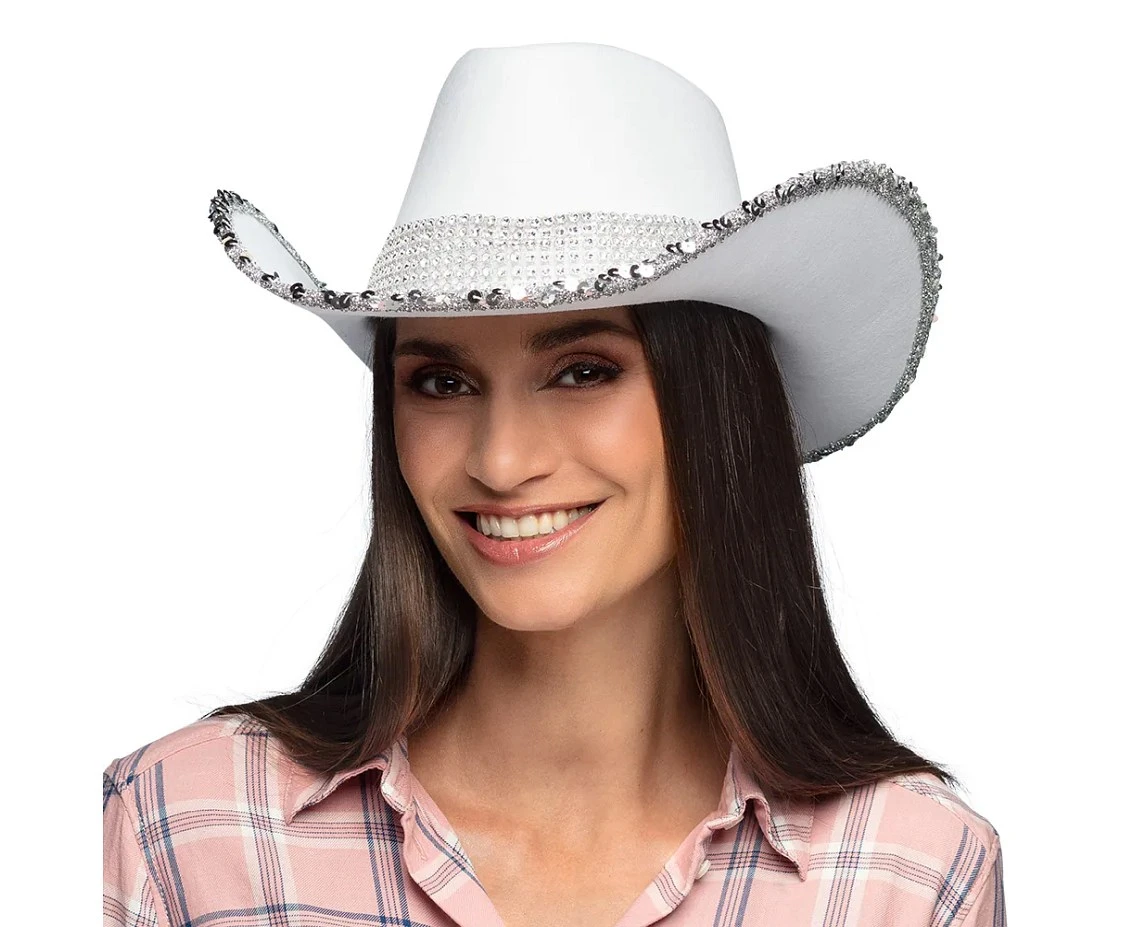 Women's cowboy hat, white with zircons