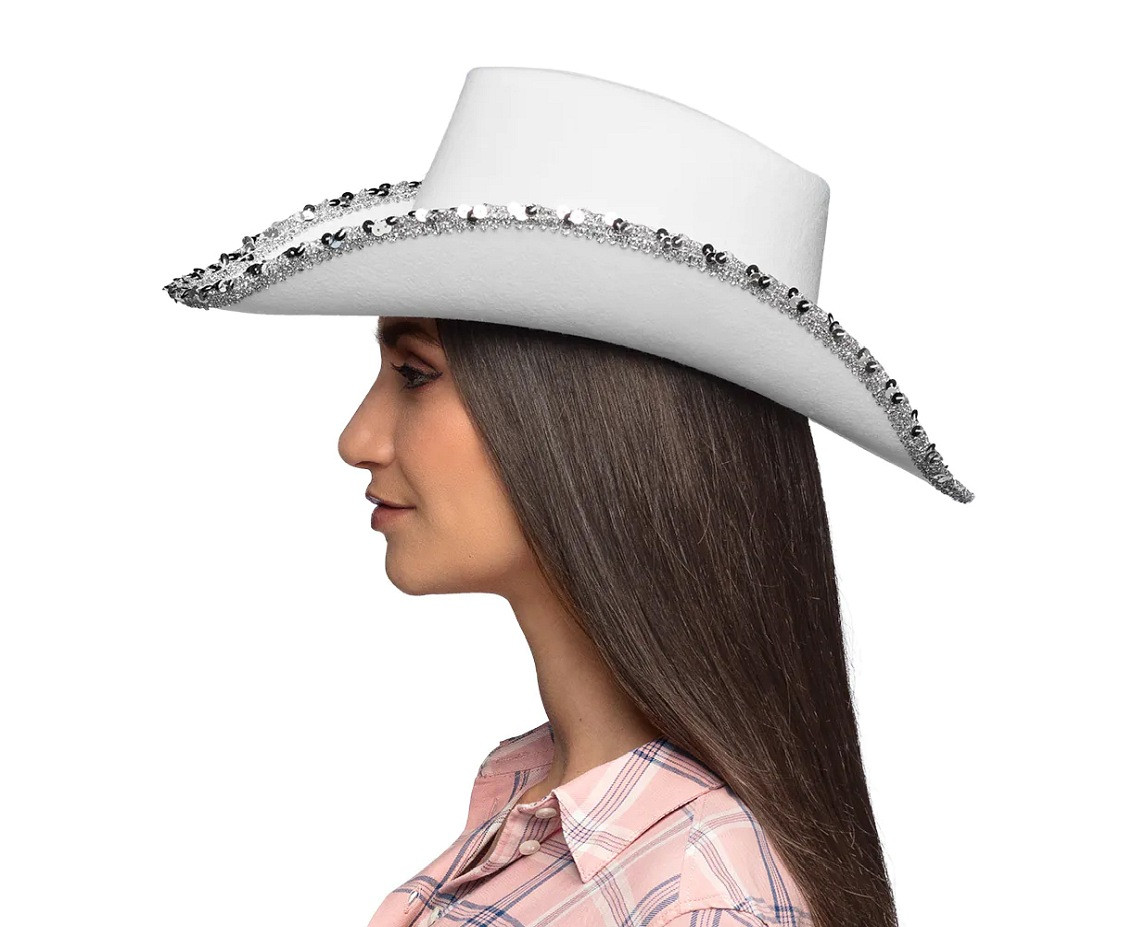 Women's cowboy hat, white with zircons