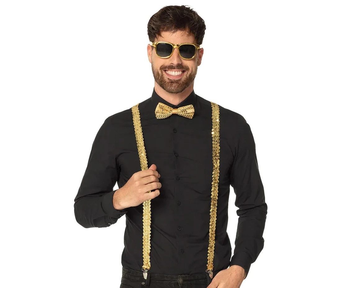 Accessory set gold (party glasses, bow tie and suspenders)