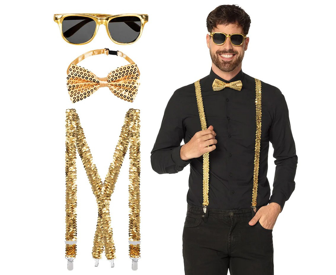 Accessory set gold (party glasses, bow tie and suspenders)