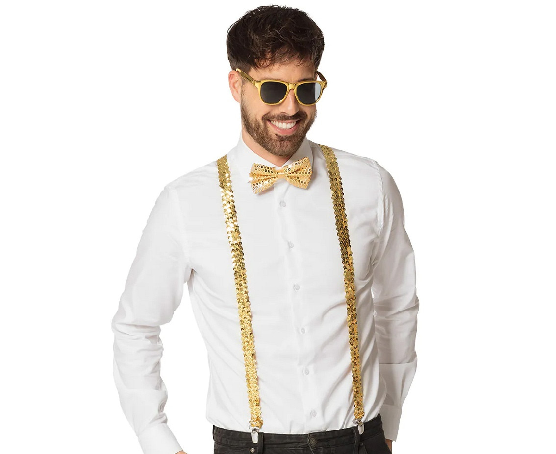 Accessory set gold (party glasses, bow tie and suspenders)