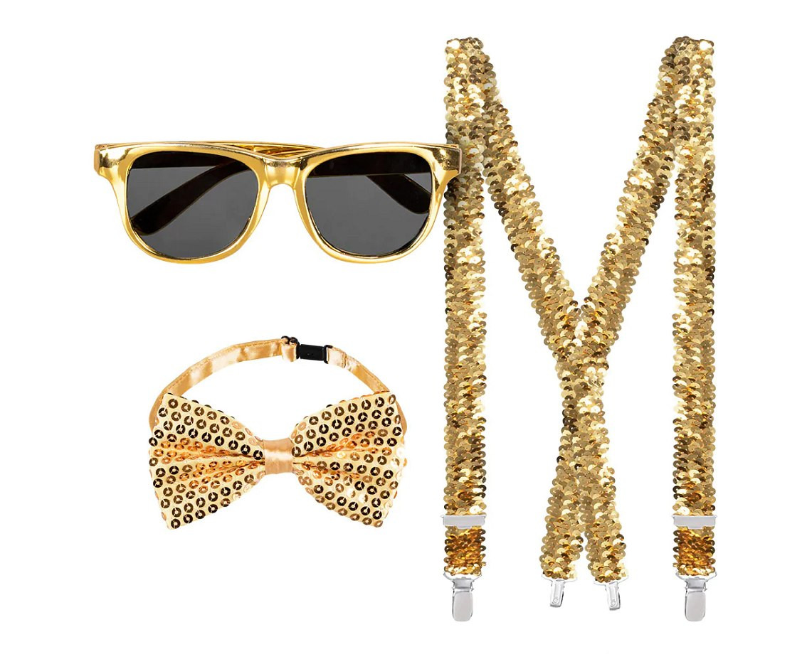 Accessory set gold (party glasses, bow tie and suspenders)