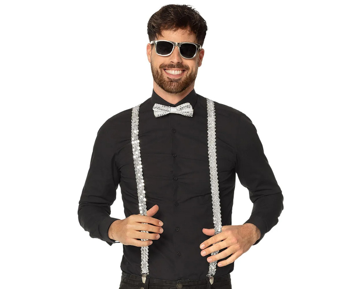 Accessory set silver (party glasses, bow tie and suspenders)