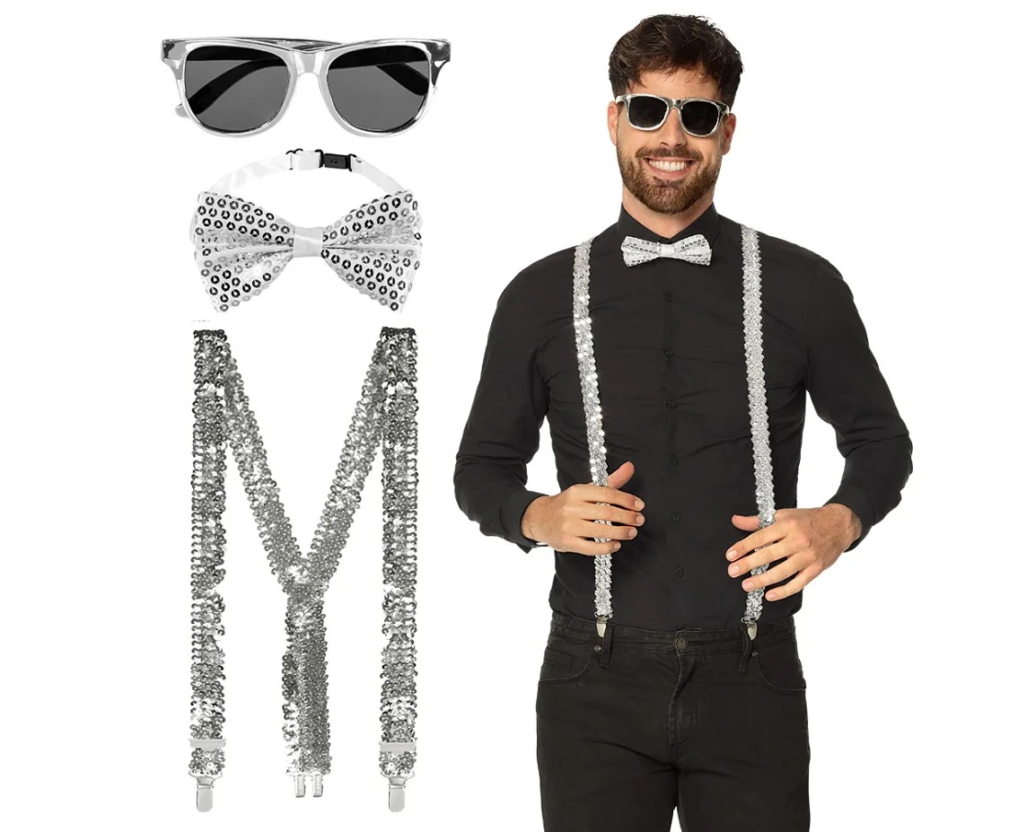 Accessory set silver (party glasses, bow tie and suspenders)