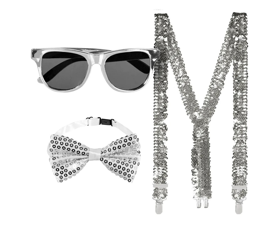 Accessory set silver (party glasses, bow tie and suspenders)