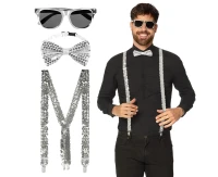 Accessory set silver (party glasses, bow tie and suspenders)