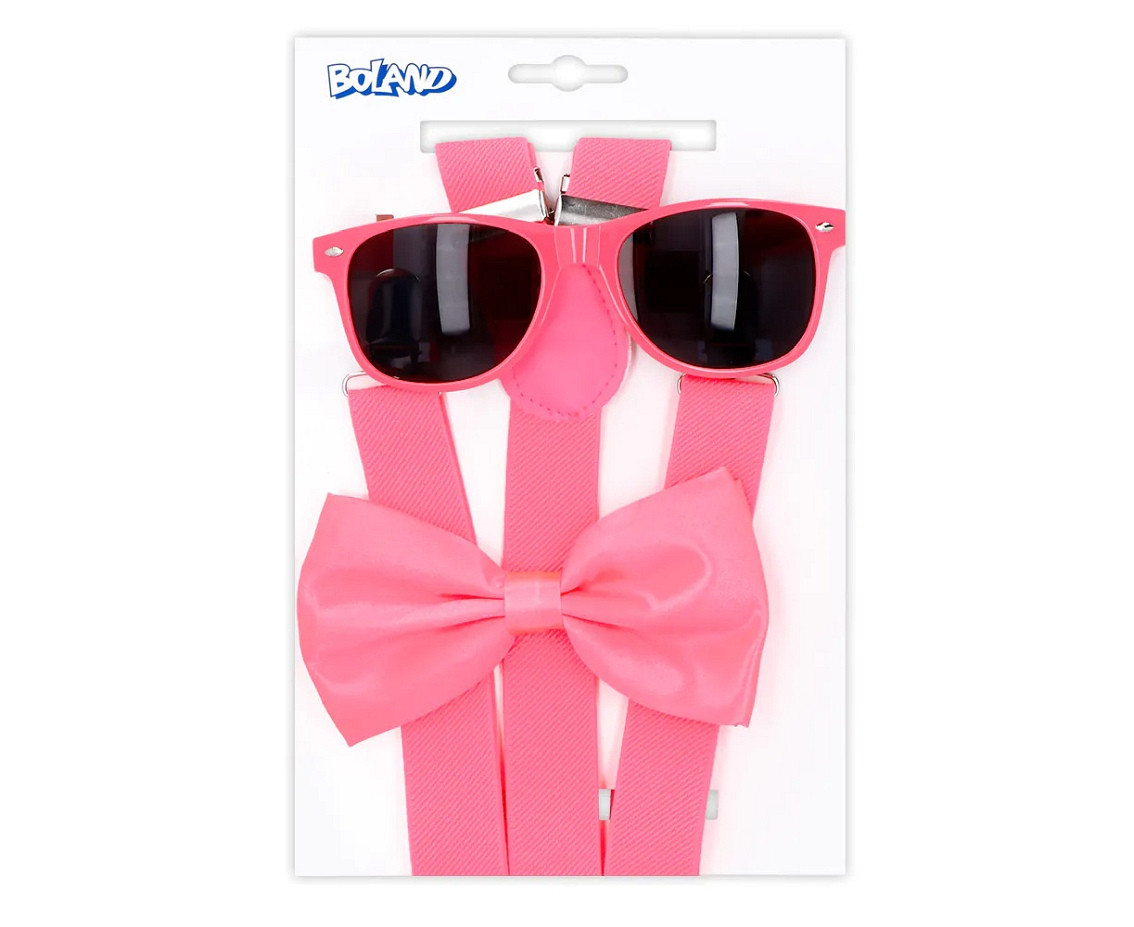 Accessory set Neon pink (party glasses, bow tie and suspenders)