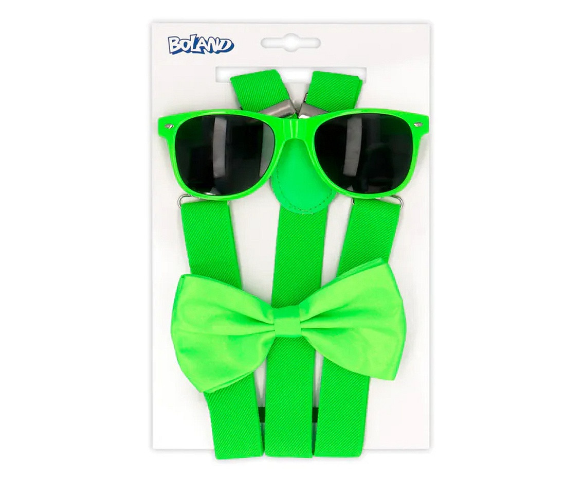 Accessory set Neon neon green (party glasses, bow tie and suspenders)
