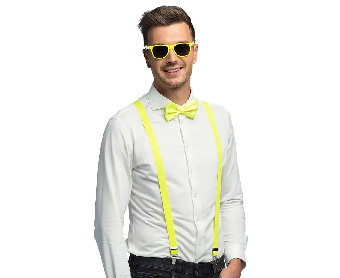 Accessory set Neon yellow (party glasses, bow tie and suspenders)