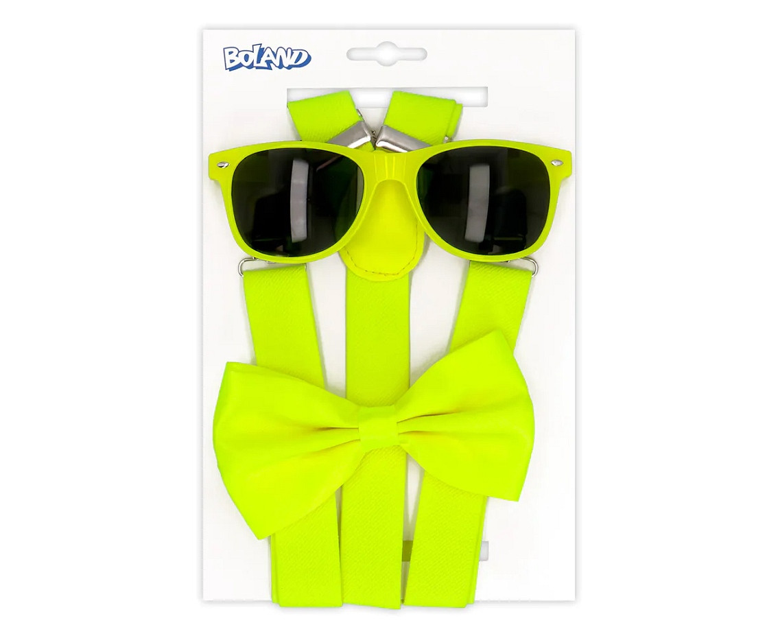 Accessory set Neon yellow (party glasses, bow tie and suspenders)