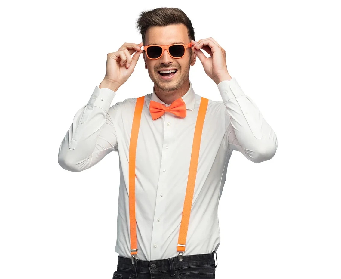 Accessory set Neon orange (party glasses, bow tie and suspenders)