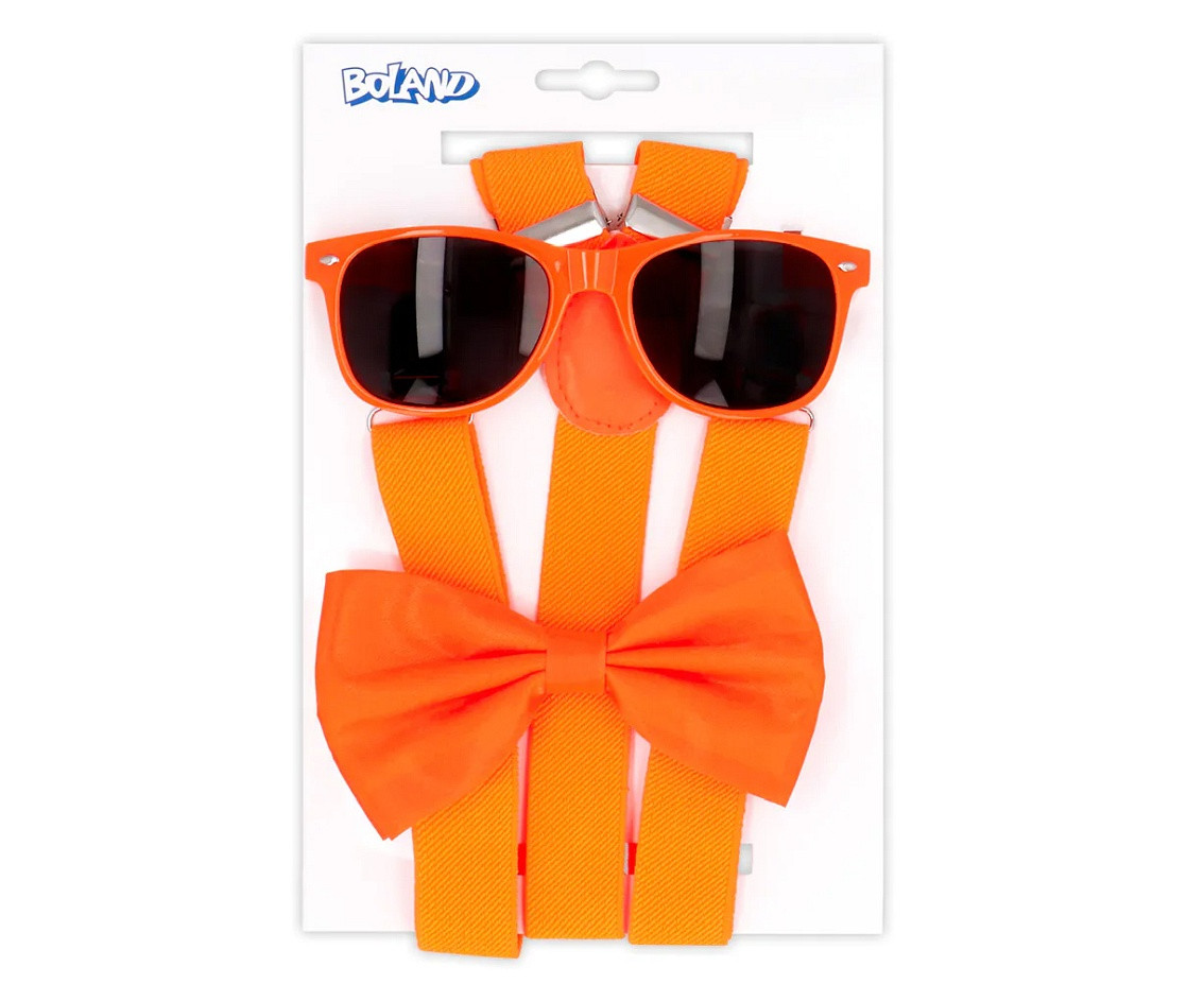 Accessory set Neon orange (party glasses, bow tie and suspenders)