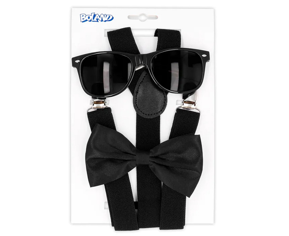 Accessory set black (party glasses, bow tie and suspenders)