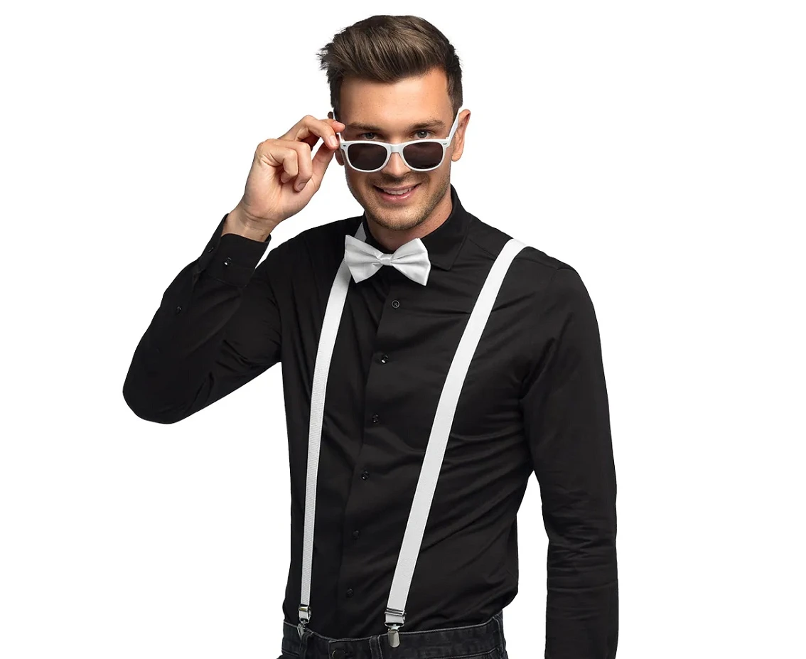Accessory set white (party glasses, bow tie and suspenders)