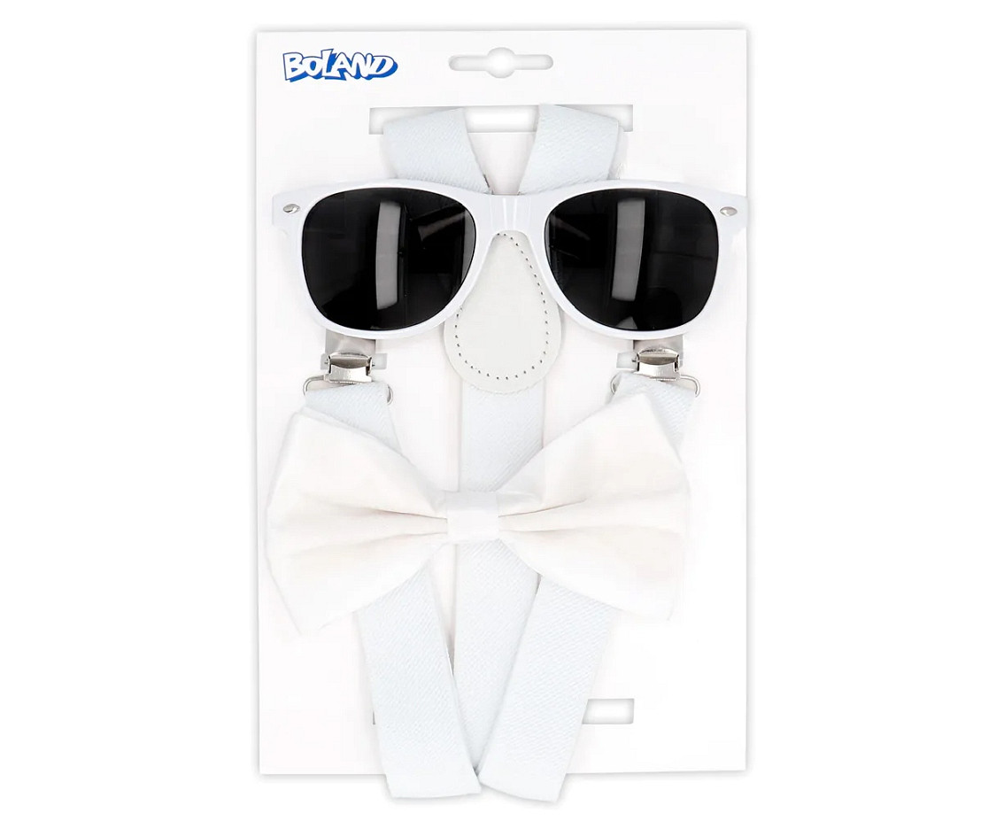 Accessory set white (party glasses, bow tie and suspenders)