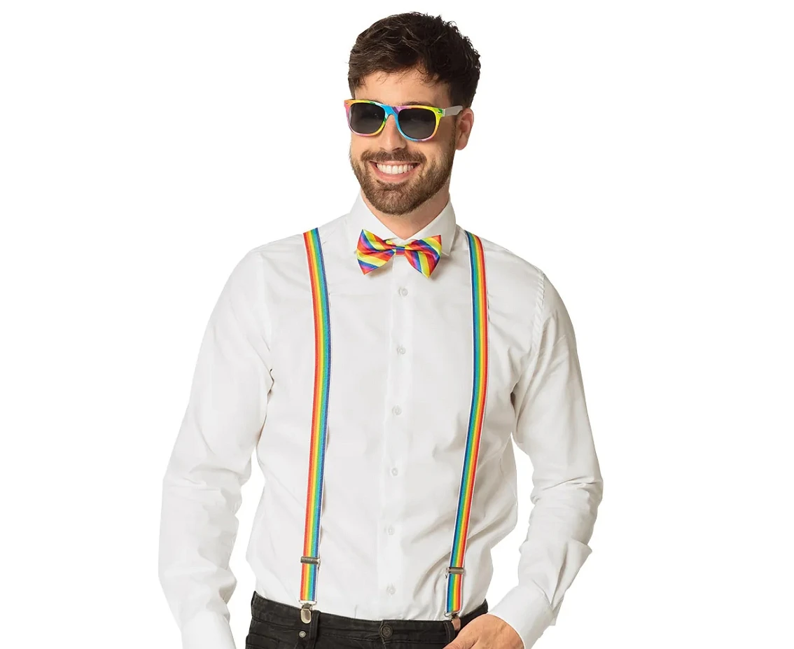 Accessory set rainbow (party glasses, bow tie and suspenders)