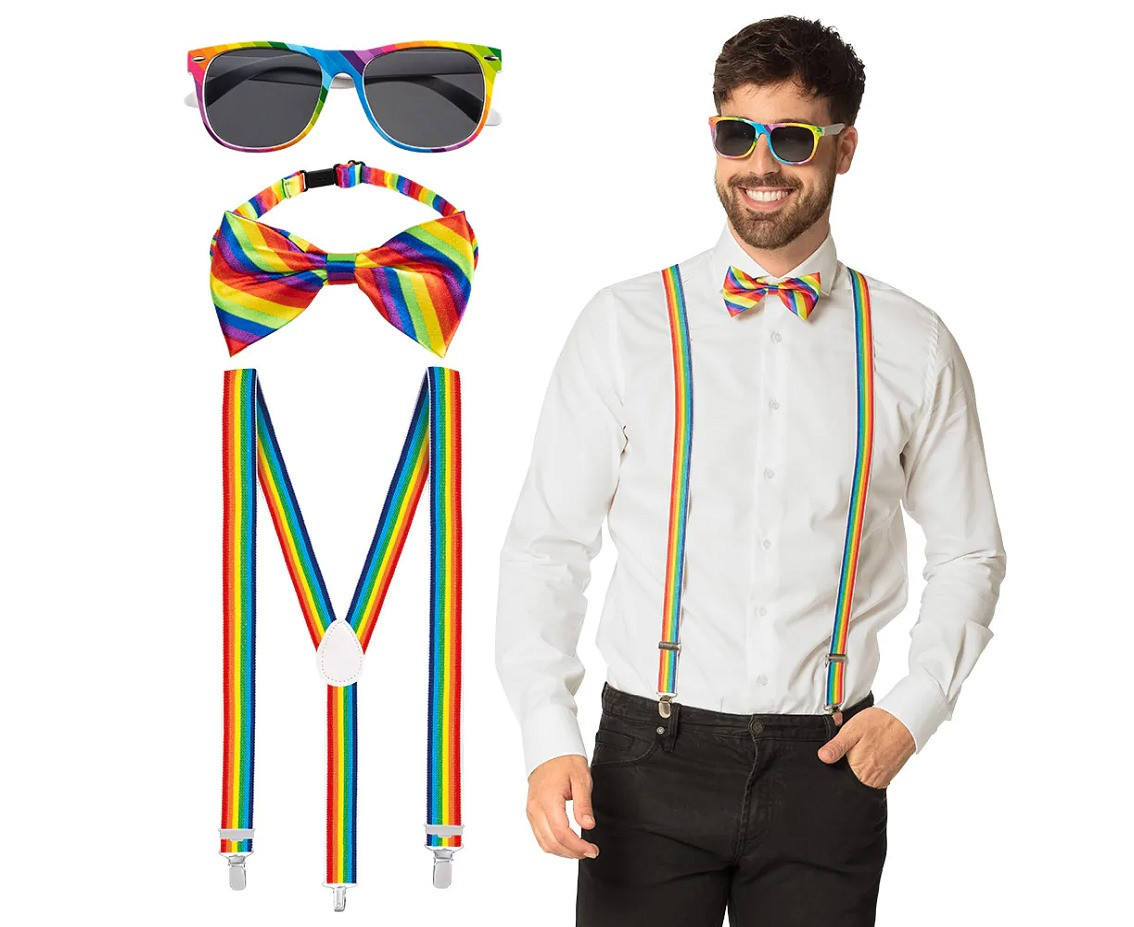 Accessory set rainbow (party glasses, bow tie and suspenders)